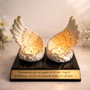 Portavelas con alas de ángel y dos velas sobre base de madera con placa dorada personalizada.