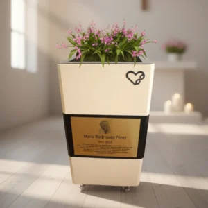 Jardinera cenizario moderna y personalizada, con placa dorada y plantas, diseñada para el hogar.